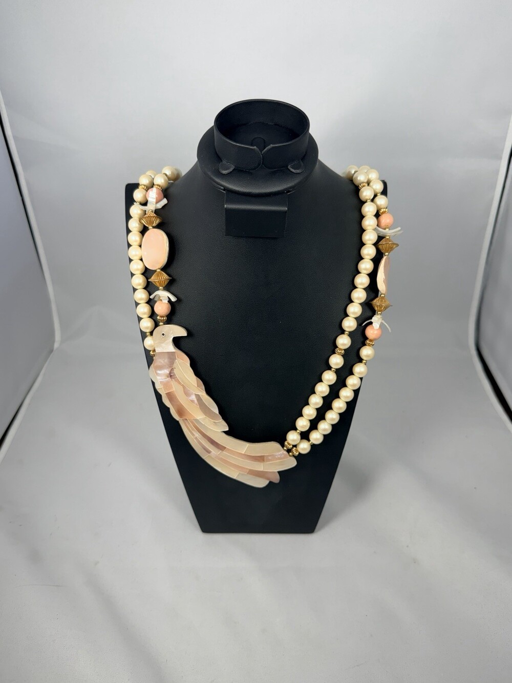 Vtg Mother Of Pearl Carved Bird Statement Necklace Faux Pearl Coral Multi Strand